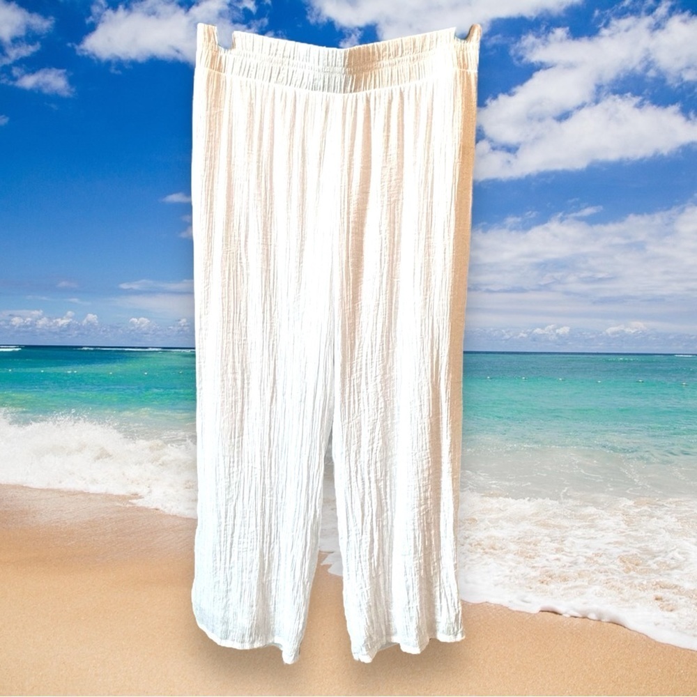 New Directions Size Large White Wide Leg Gauzy Elastic Waist Lined Beach Pants